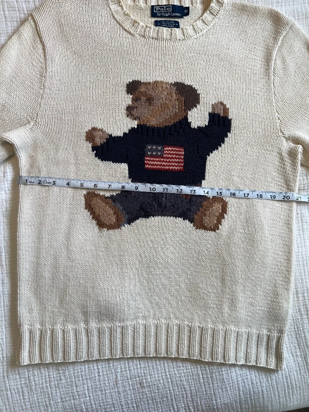 Vintage 90s Polo Ralph Lauren Hand Knit Sit Down Polo Bear USA Flag Sweater Rare
